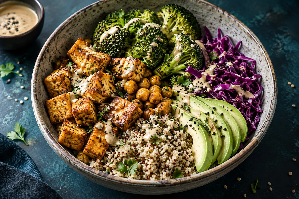 Bunte pflanzliche Bowl mit gebratenem Tofu, Quinoa, Gemüse und Tahindressing